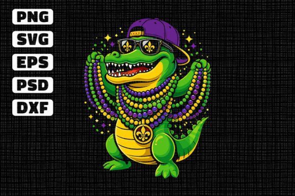 Mardi Gras Alligator Holding Beads SVG