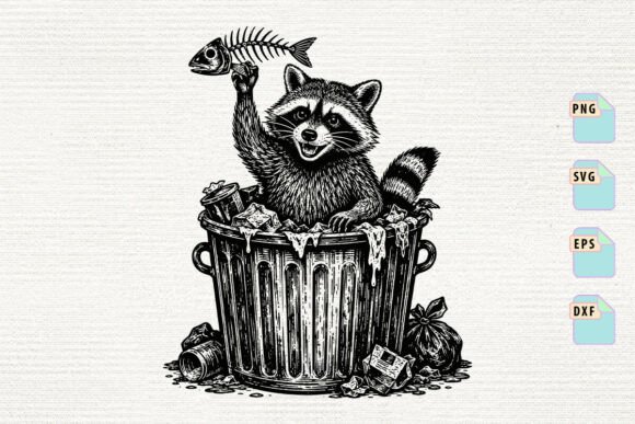 Raccoon Finding Fish Skeleton SVG